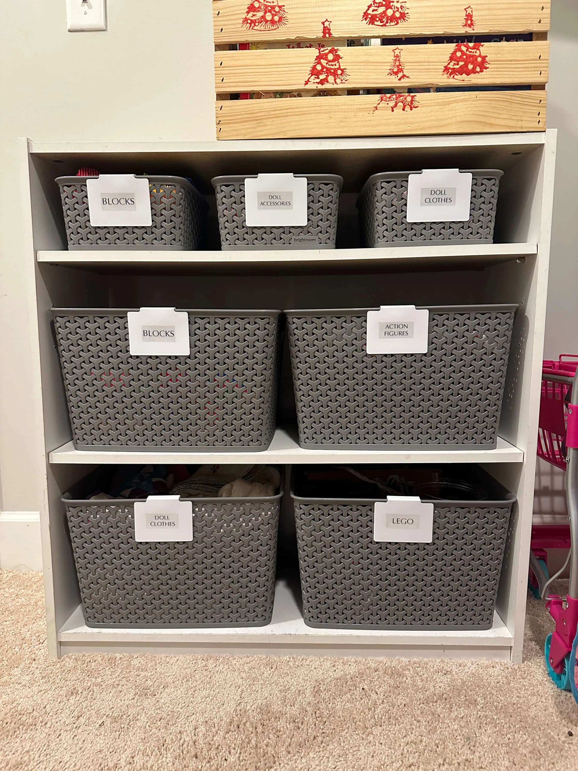 Organized playroom bins