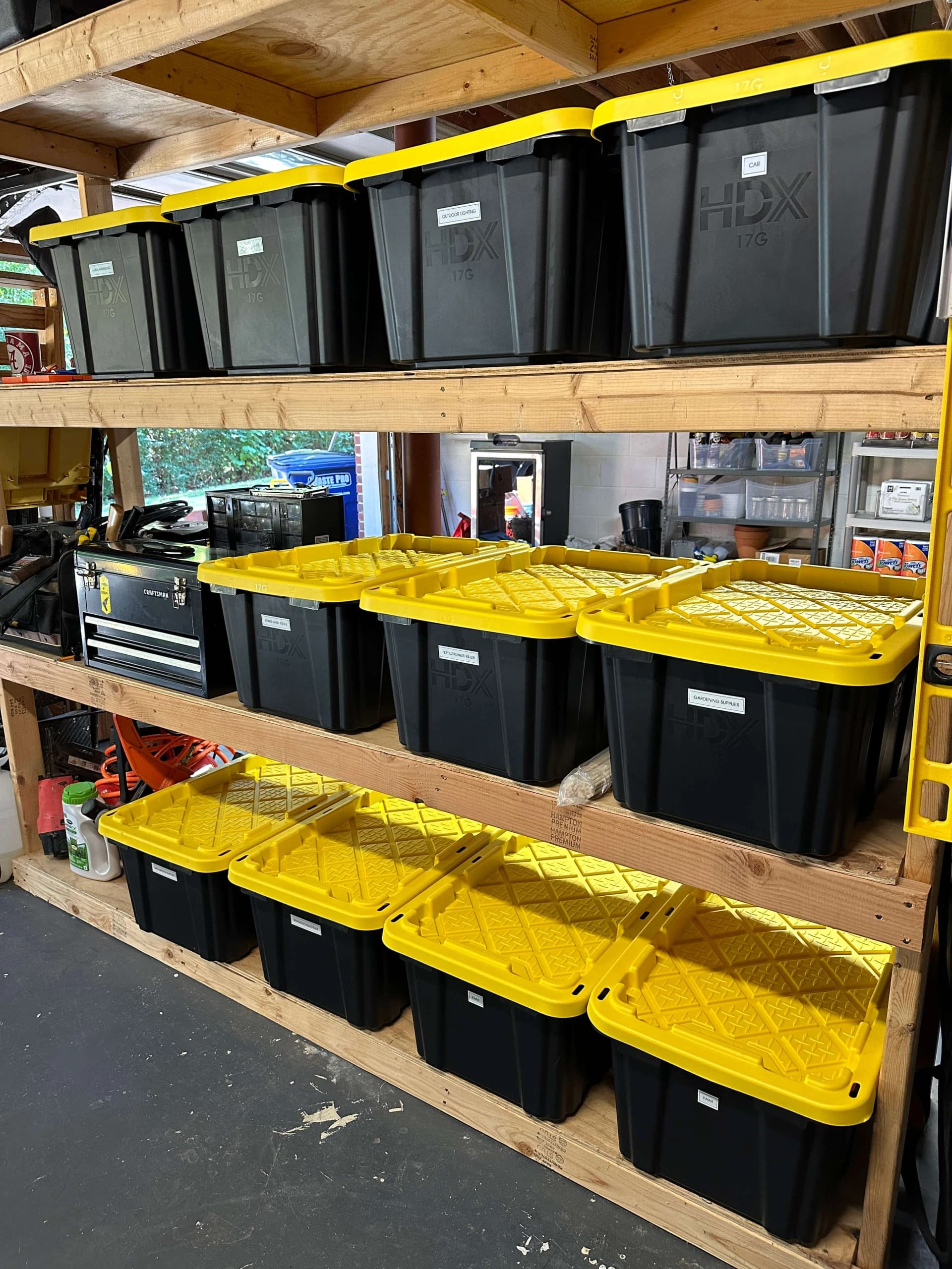 Organized garage with bins